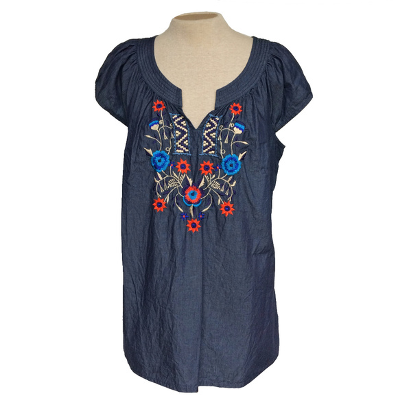 eshakti Tops - eShakti Blue Jean Embroidered Floral Shirt 2X 20W